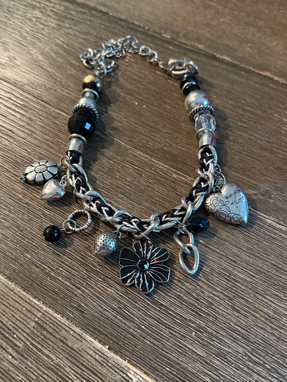 Chunky silver and black Charmed I'm sure  heart verse  Luke 10:27 necklace 21” - Picture 4 of 16